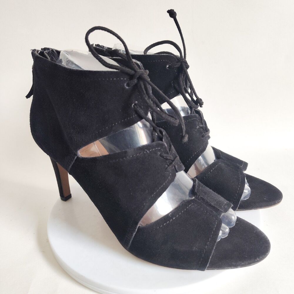 Franco Sarto Shawnee Black Suede Lace-Up Open Toe Sexy 4" Caged Heels Size 8 /38